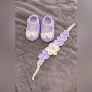 Handmade Purple and Cream Crochet Baby Shoes